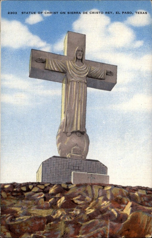 Statue Christ Sierra De Cristo Rey El Paso Texas ~ 1950-60s vintage postcard