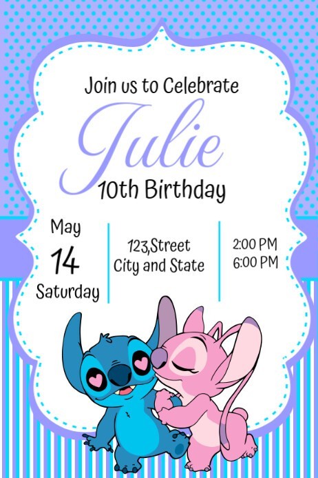 Digital Stitch and Angel Birthday Party Invitation Personalized Texts 1