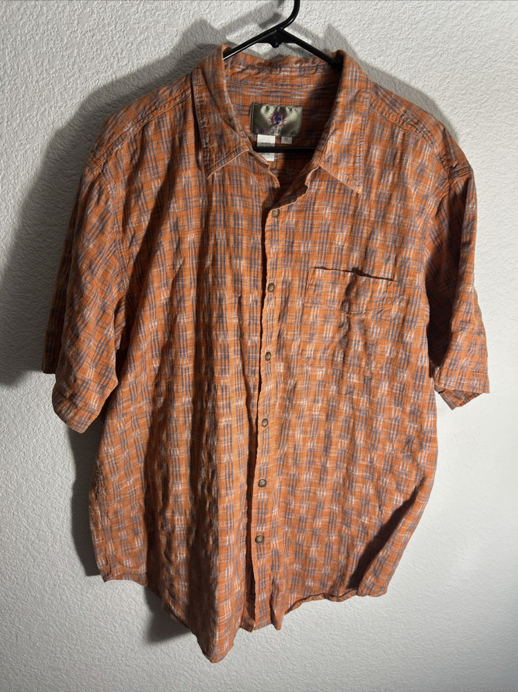 The Territory Ahead Men’s Short Sleeve Button Up Shirt XL Textured Orange Plaid