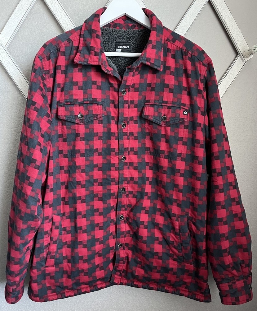 Marmot Ridgefield Men's L Sherpa-Lined Flannel Shirt Jacket Shacket Red/Black