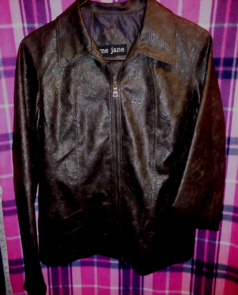 Me Jane Faux Leather Jacket Womens Medium Dark Brown Floral Tooled Zip-Up Bomber