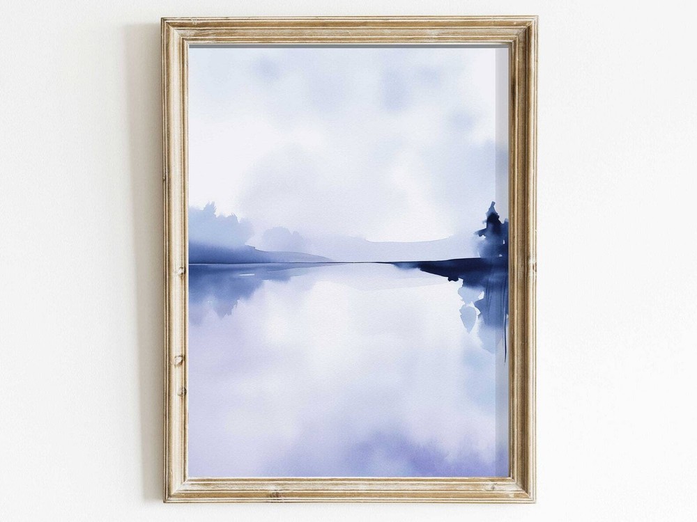 Abstract Watercolor Landscape Lake And Forest Painting Blue Landscape Art Print-image