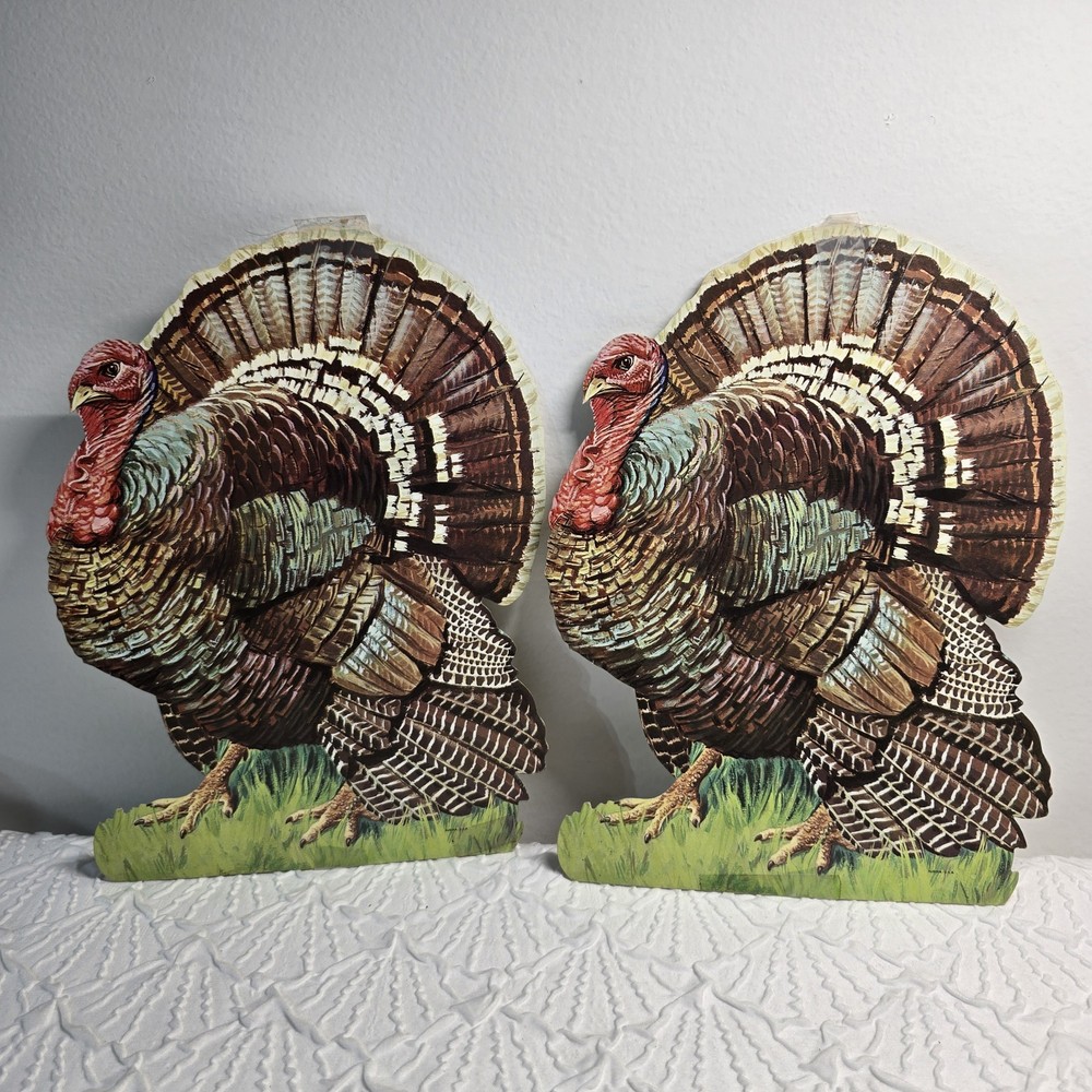 Vtg Eureka Thanksgiving Turkey Die Cut Paper Cutout Wall Decor Window Lot of 2