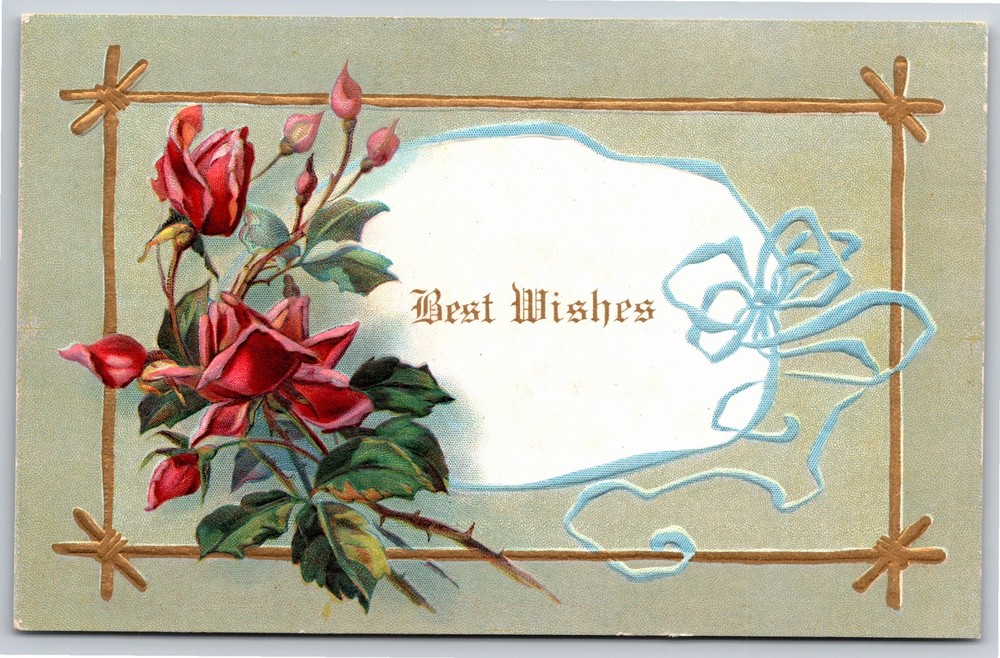 Greetings~Red Roses Bag & Best Wishes~Vintage Postcard