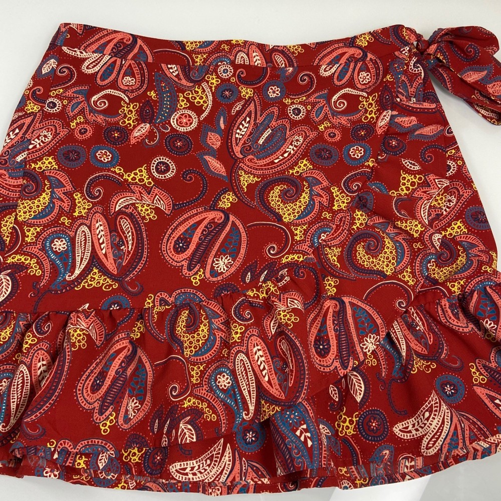 LOFT Paisley Print Ruffle Wrap Mini Skirt Size 10 Red Blue Yellow NEW Fall
