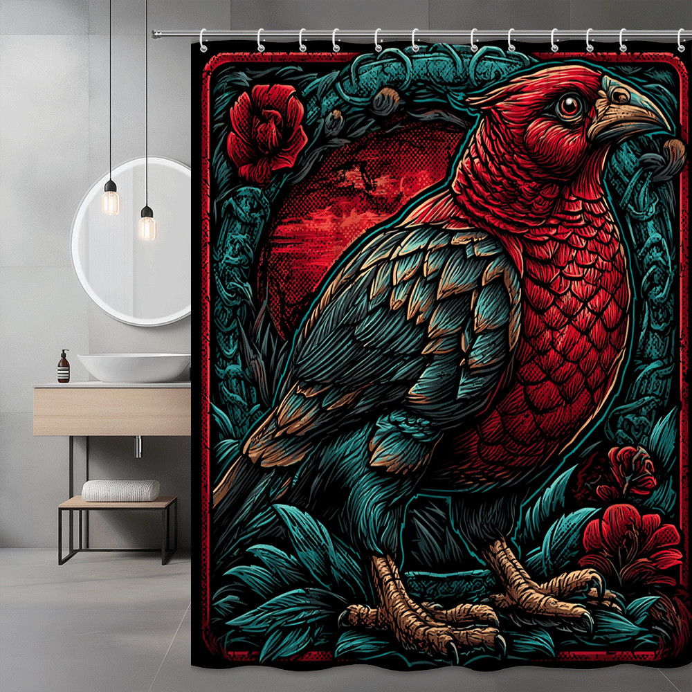 Cardinal Bird Floral Shower Curtain Red Teal Graphic Print