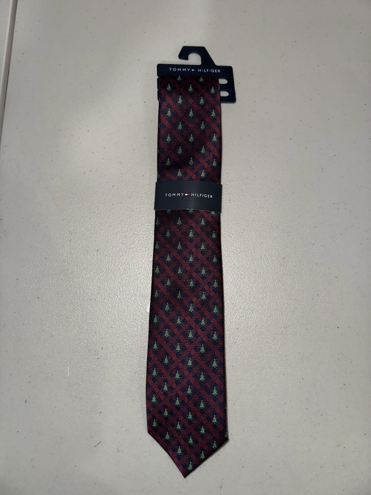 Tommy Hilfiger Mens Burgundy Christmas Grid Tree Pattern Tie $69.50