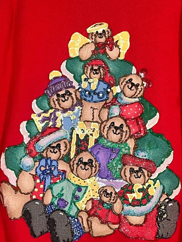 Vintage Christmas Bear Sweatshirt Red L Festive Holiday Classic Chic 80s Artsy