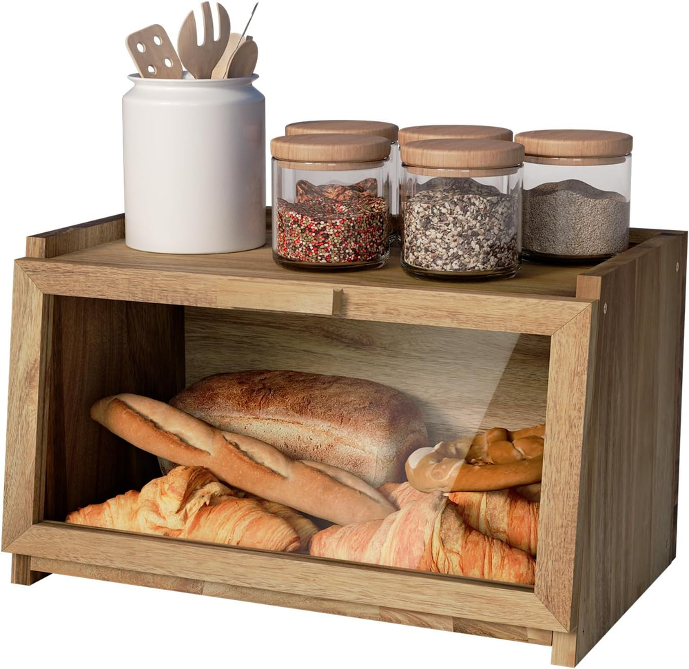 Acacia Wood Bread Box for Kitchen Countertop, Large Wooden Bread Storage Contain-image