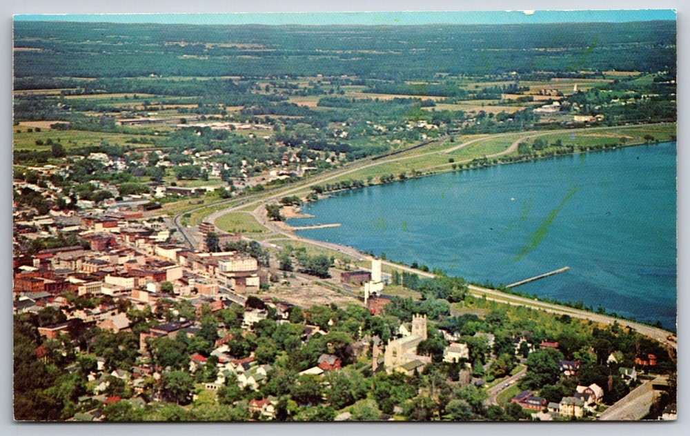 Geneva New York~Aerial View Of The City & Seneca Lake Harbor~Vintage Postcard