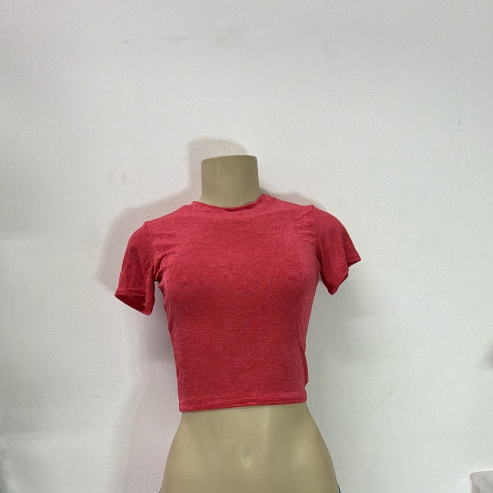 Cheryl Creations Red Knit Acetate Lycra Cropped T-Shirt, Stretch Crew Neck M