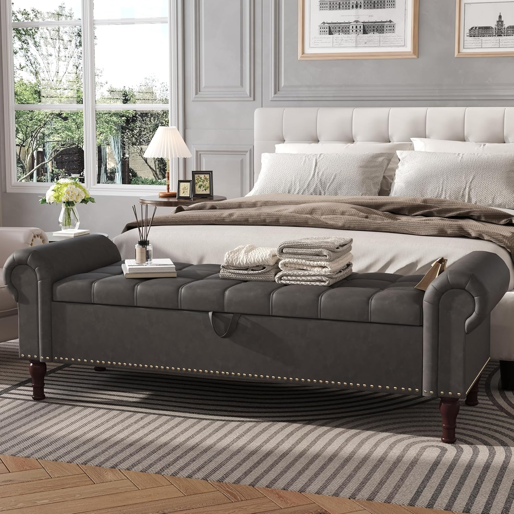 Apicizon 60” Bench with Storage, Upholstered Tufted Button Bedroom Bench with St