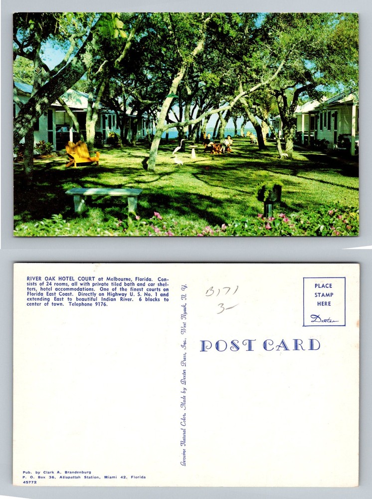 Melbourne, FL-Florida, River Oak Hotel Court Gardens Highway 1 Vintage Postcard