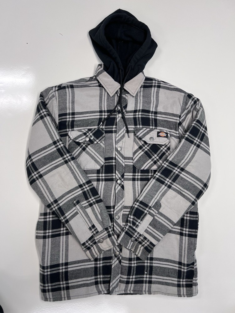 Dickies Built To Work Hooded Flannel Jacket - Men’s L - Black/Gray Plaid