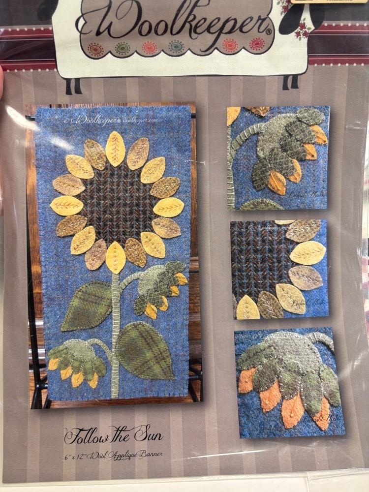 FOLLOW THE SUN Wool Applique wall hanging applique project, 6x12