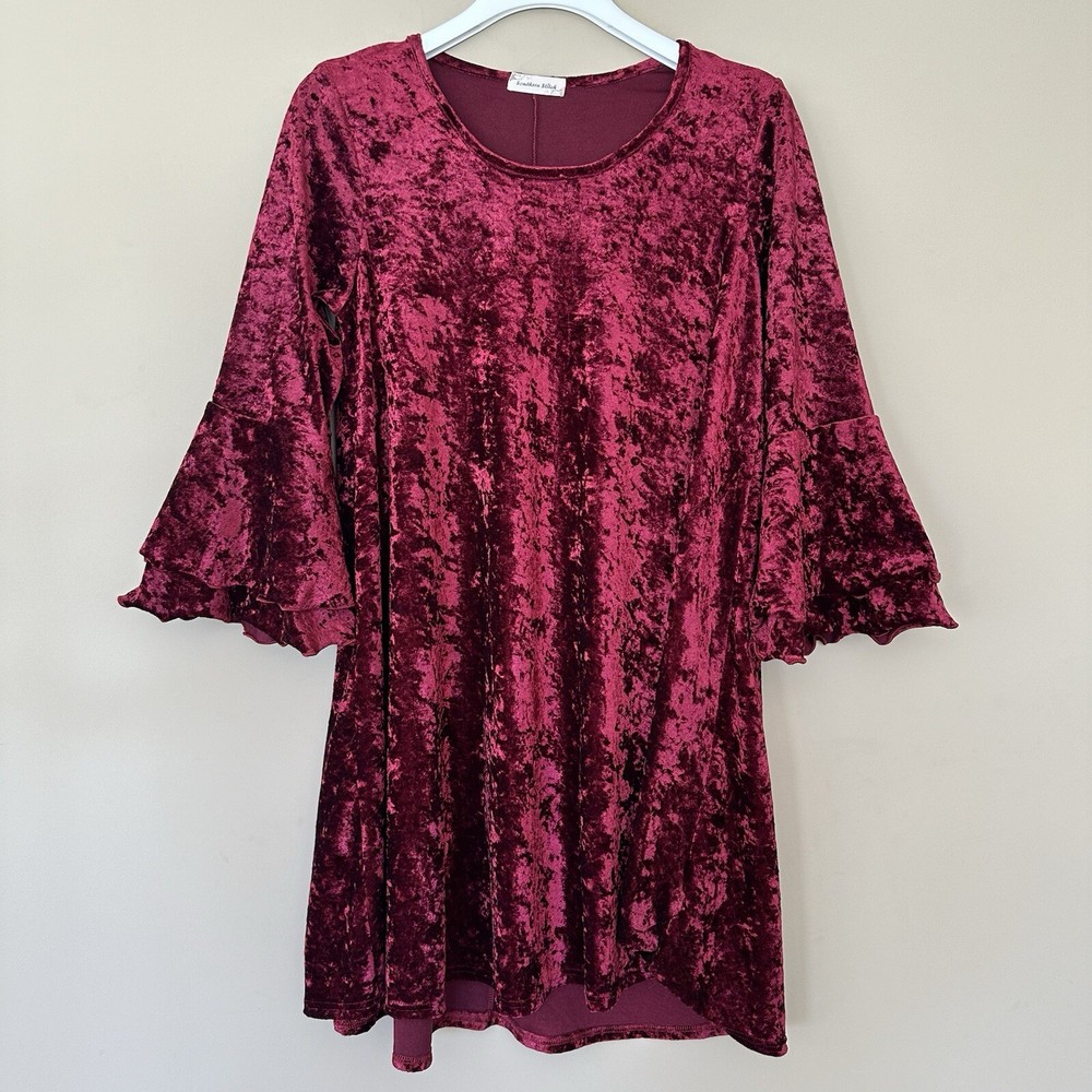 Woman's S Red Crushed Velvet Dress Bell Sleeve Whimsigoth Romantic Fairy Grunge