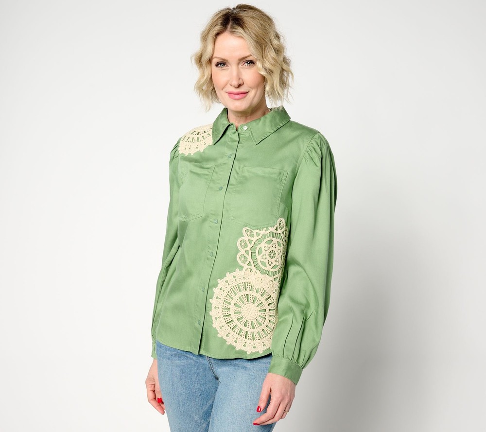 Denim & Co. Women's Top Plus Sz 1X Canyon Retreat Crochet Applique Green A636404
