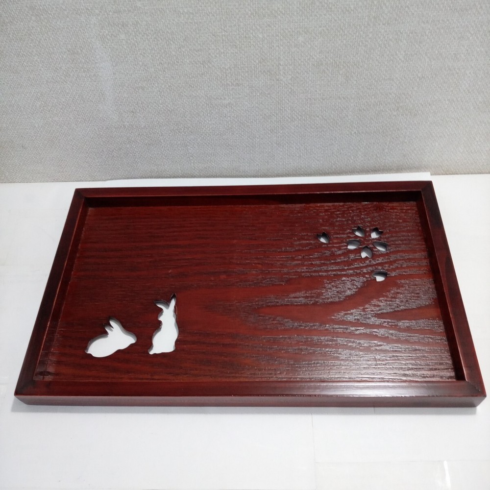Wooden Lacquerware Tray with Rabbit & Cherry Blossom Pattern Japanese Tableware