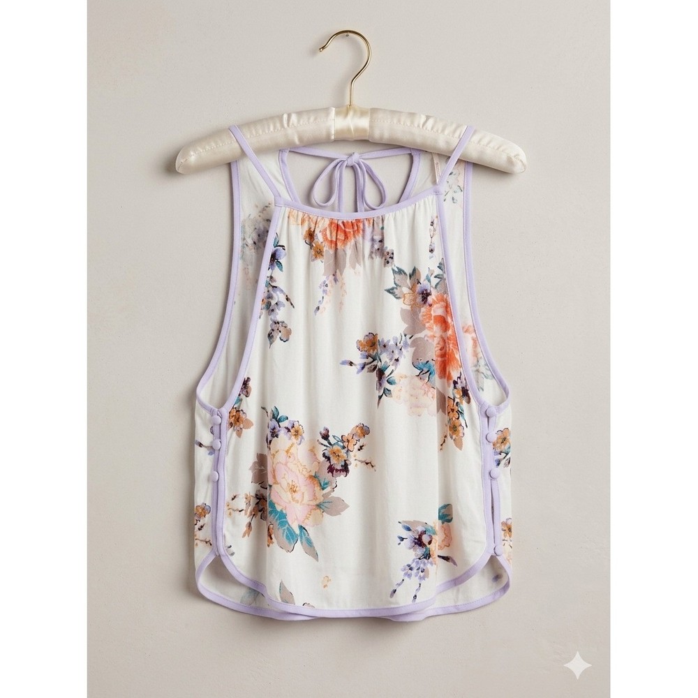 Free People Tank Top Womens Small Ivory Floral Rayon Tie Back OB818565 New