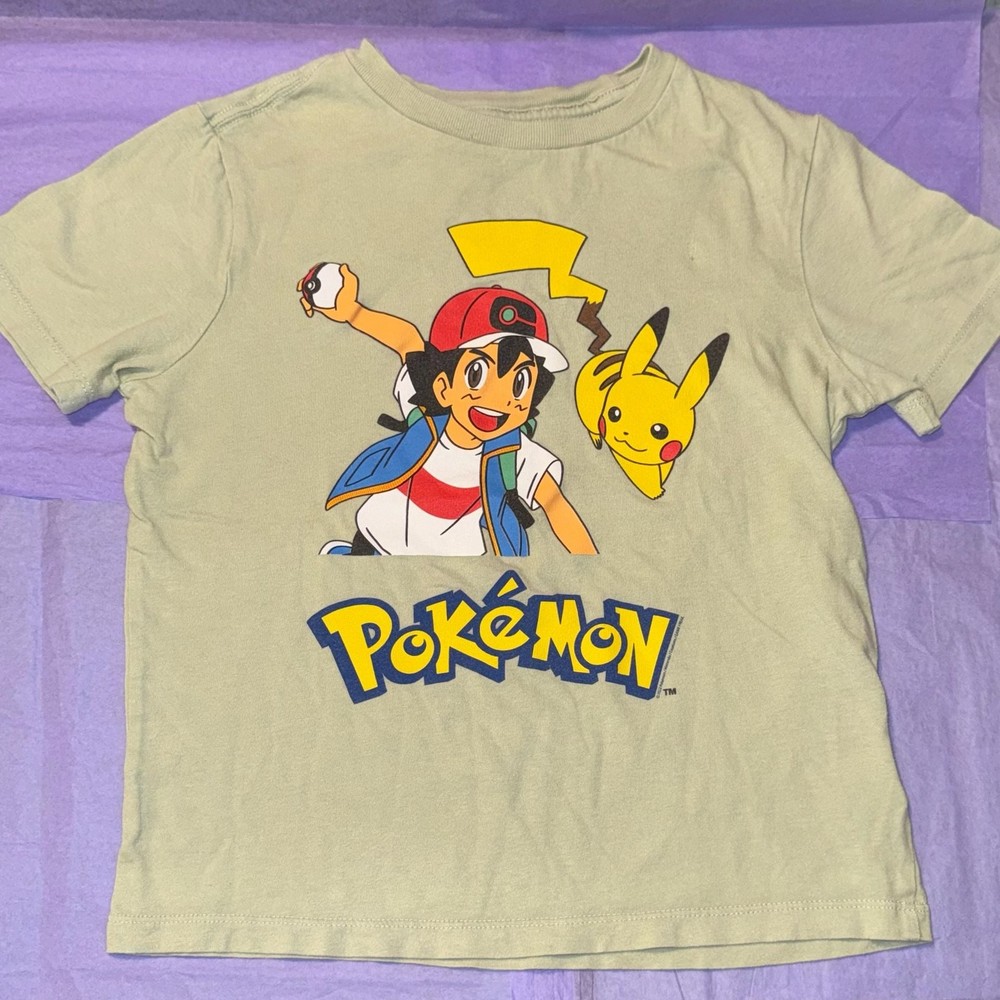 Pokemon Ash & Pikachu Graphic Tee Kids Size 6-7 Old Navy Green Shirt