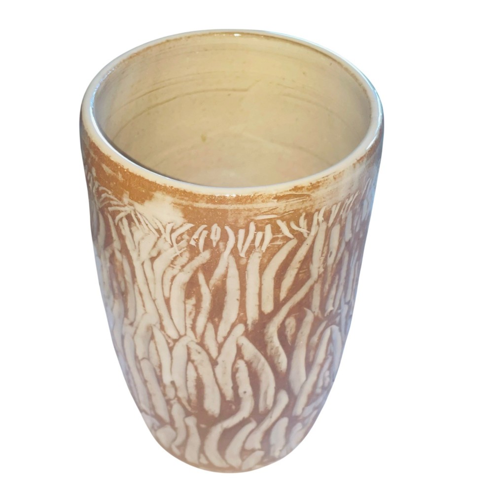 Handmade Stoneware Pottery Vase Art Sgraffito Textured Pattern Signed 6
