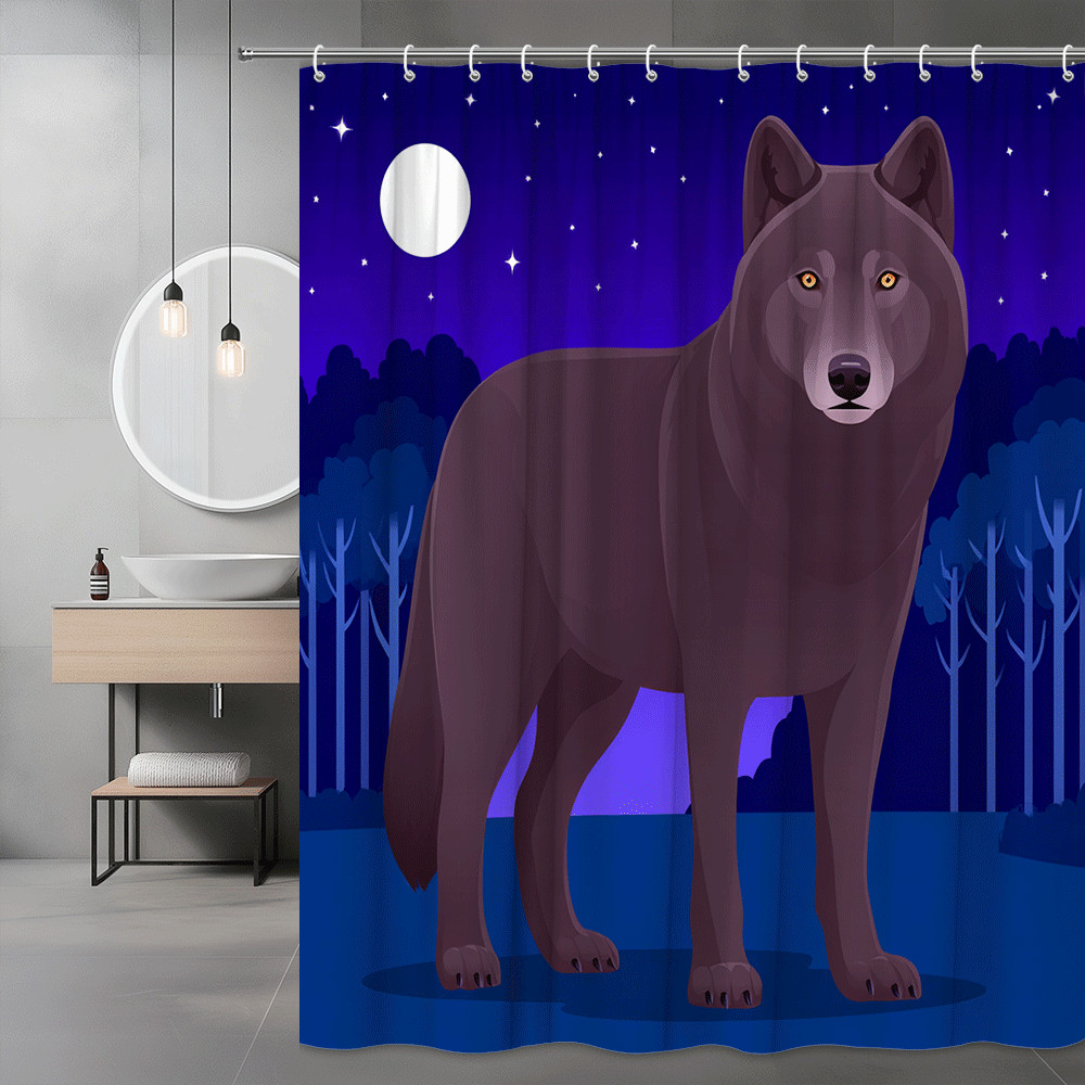 Wolf Moon Forest Shower Curtain, Night Sky Animal Print