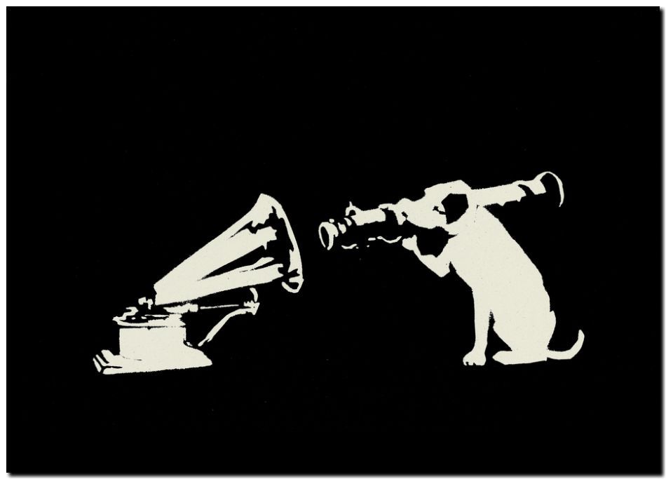BANKSY STREET ART *FRAMED* CANVAS PRINT HMV Gramophone rocket Dog 18x12
