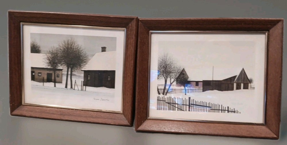 2 VTG Jacques Deperthes  Winter Fold Art Farm Primitive Landscape Framed 9