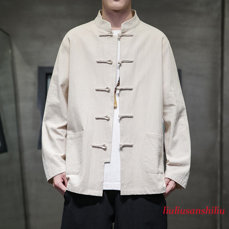 Men Chinese Tang Suit Top Cotton Linen Long Sleeve Shirt Kung Fu Tai Chi Casual
