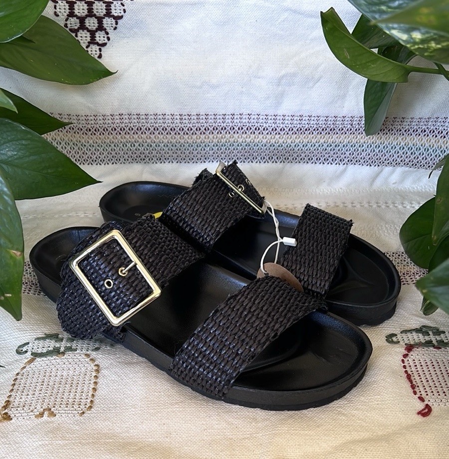 Biogold Women's Black Woven Slip-On Sandals with Italian Gold Buckle Size 9