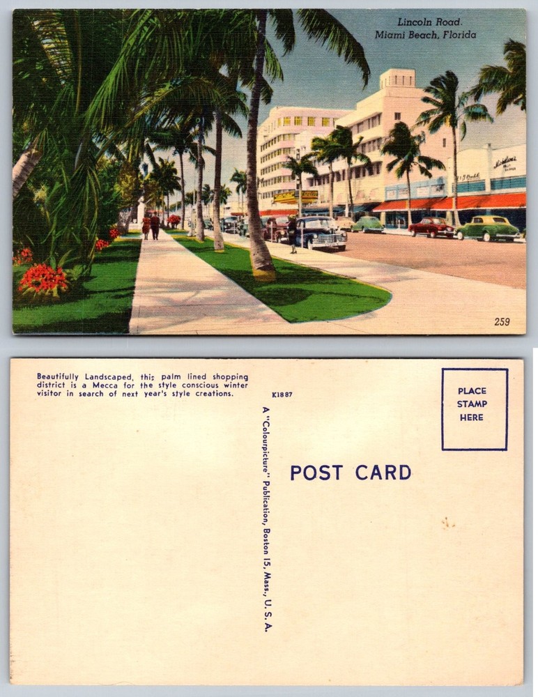 Vintage Lincoln Road Miami Beach Florida Palm Trees Shops Linen Postcard 1950s