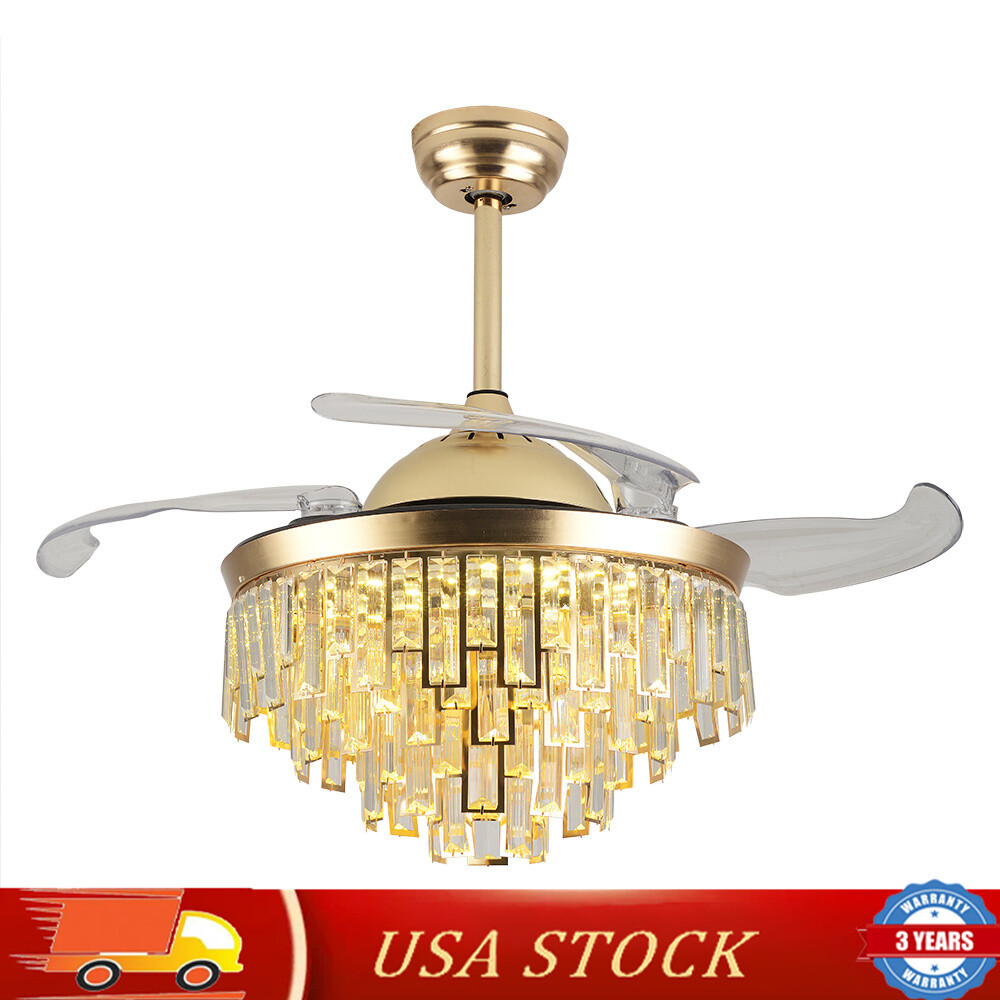 42 Inch Crystal Ceiling Fan Chandelier with Remote 3 Color LED Light and Retractable Blades