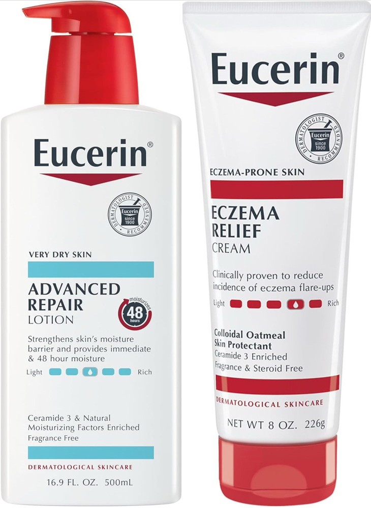 2 Pack Eucerin Eczema Relief 8 oz & Advanced Repair Lotion 16.9 oz  