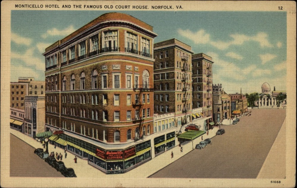 Monticello Hotel Court House Norfolk Virginia cars ~ dated 1940 linen postcard