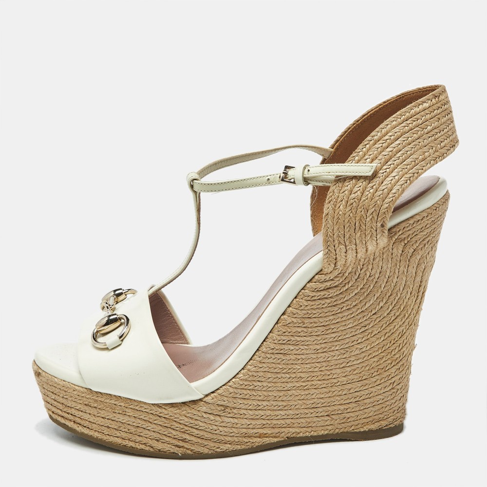 Gucci Cream Patent Leather Horsebit Wedge Espadrilles Size 39.5