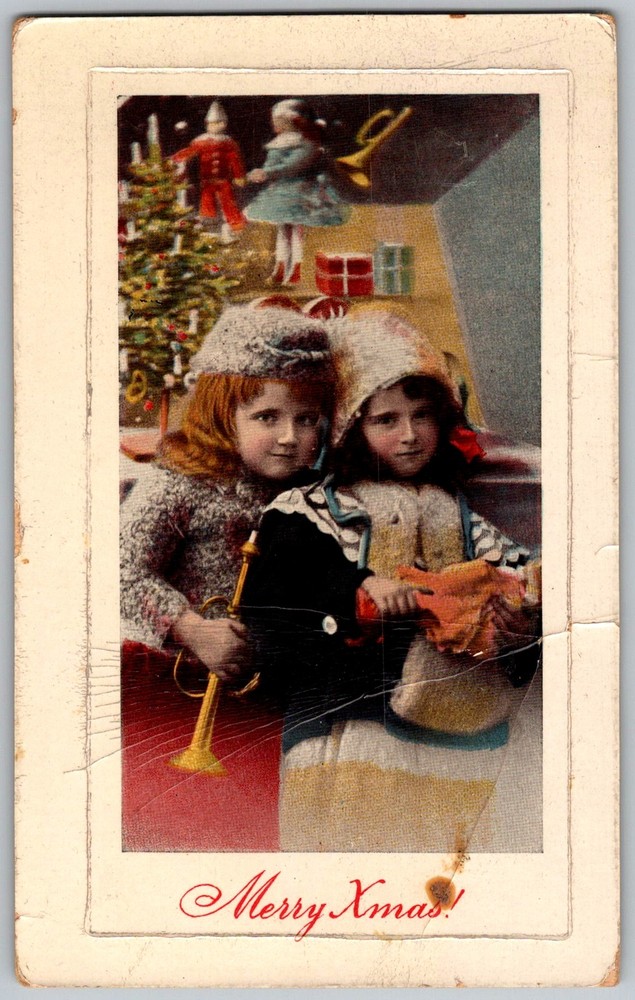 Antique Postcard Two Girls Christmas Scene 1910s