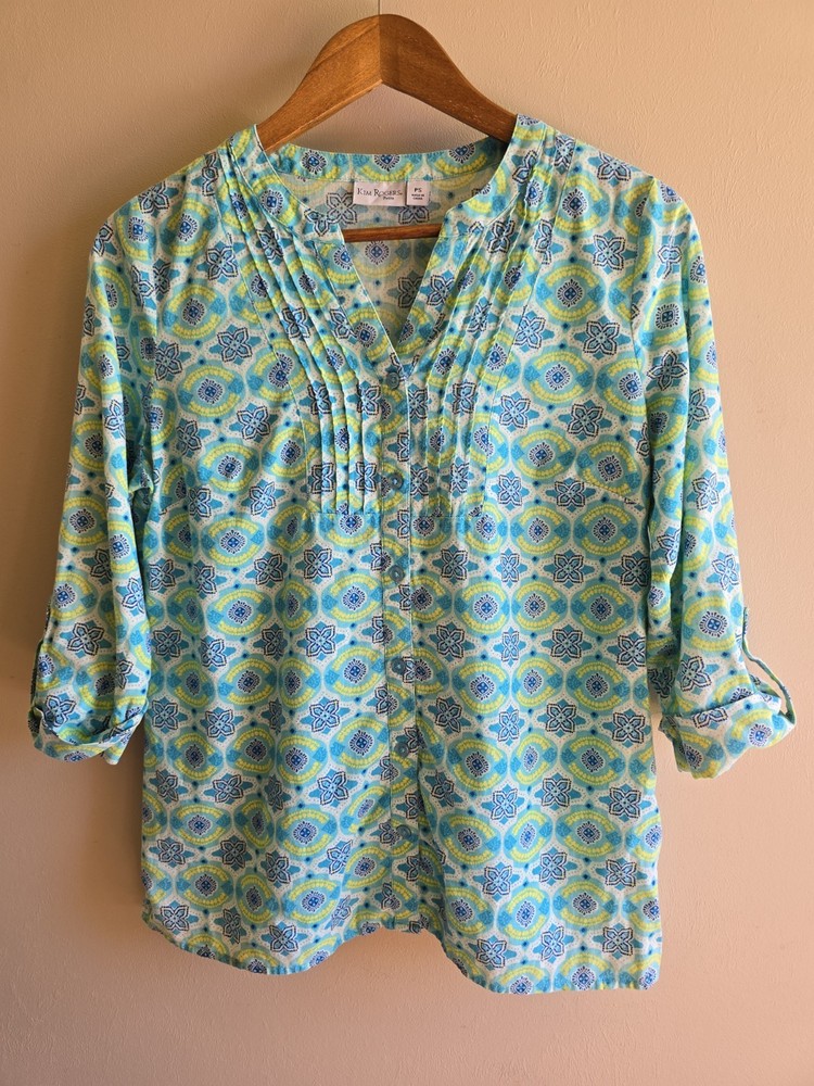 Women's Kim Roger Linen Blend Size PS Floral Teal Blue Button Up V-neck Blouse