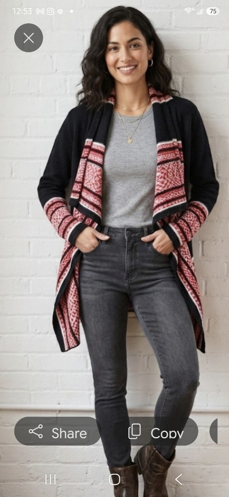 Ruby Rd Black Red White Geometric Knit Drape Open Front Cardigan Sweater Size L