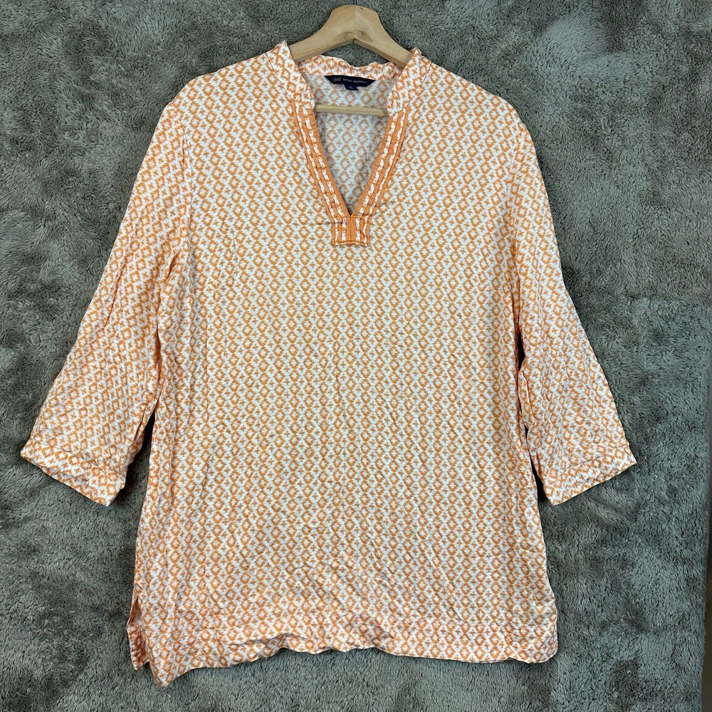 Brook Brothers 346 Diamond Print Cotton Boho Tunic Top Orange White XL Popover Shirt