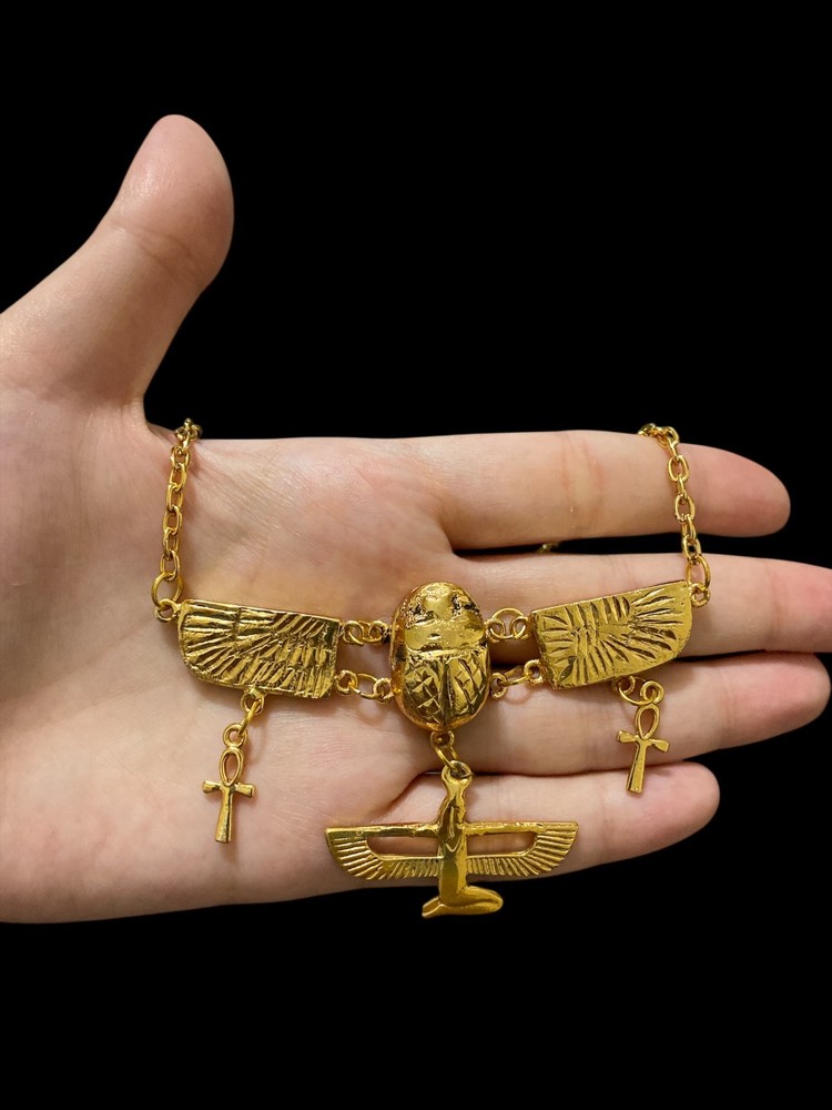 Rare Goddess Isis Necklace with Egyptian Scarab and Ankh Key made in Egypt