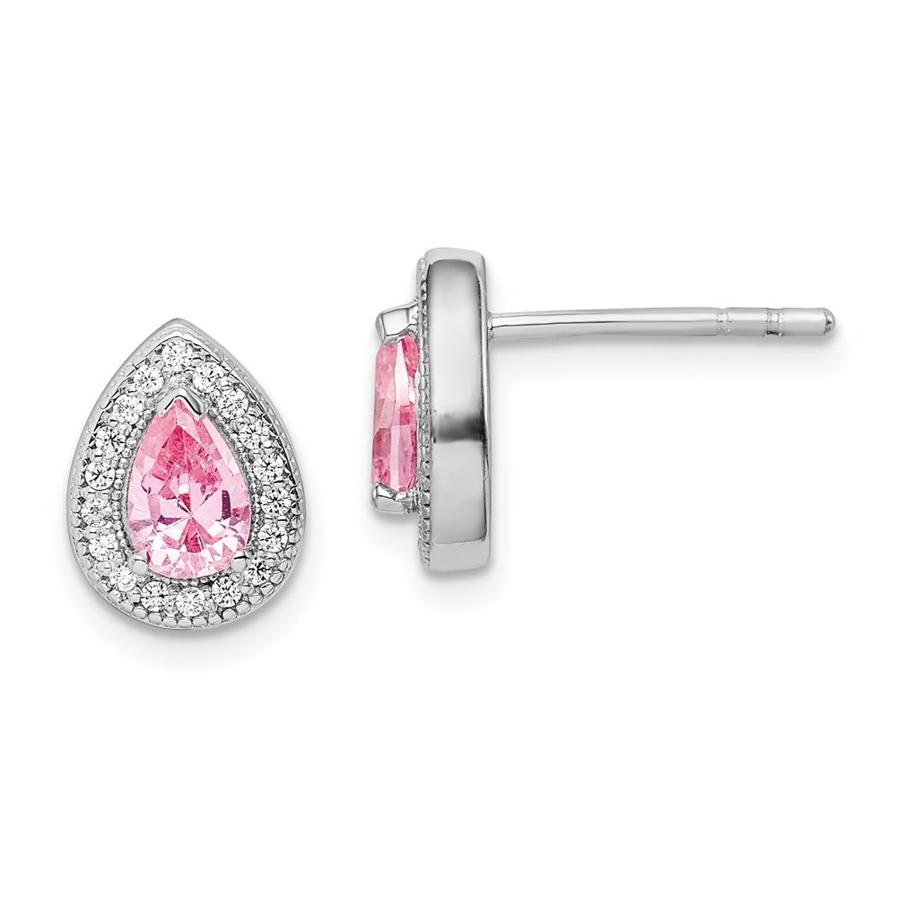 Sterling silver rhodium plated pink and clear CZ stud earrings