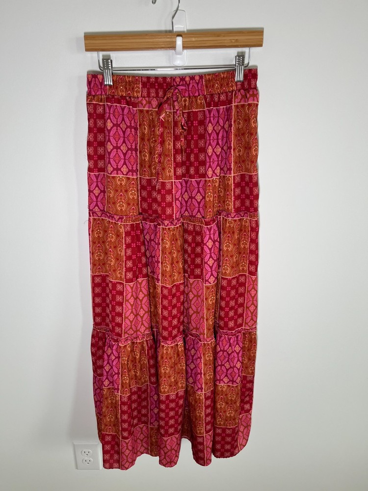 Y2K Fairy Boho Cottage Patchwork Womens Maxi Skirt XL Red Tiered