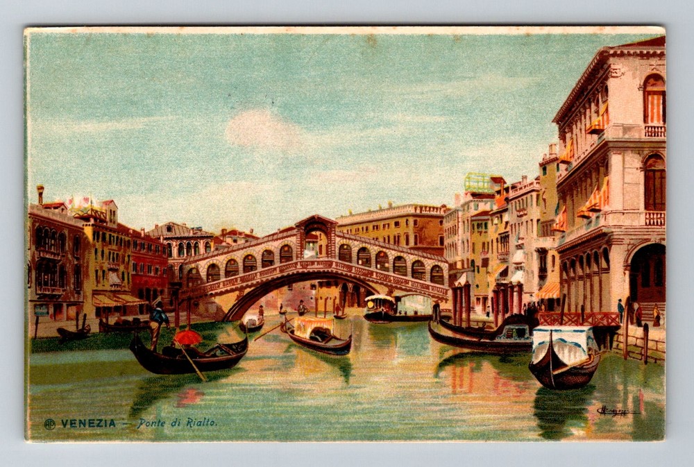 Italy- Venice Rialto Bridge Over Grand Canal Gondolas Old Post Vintage Postcard