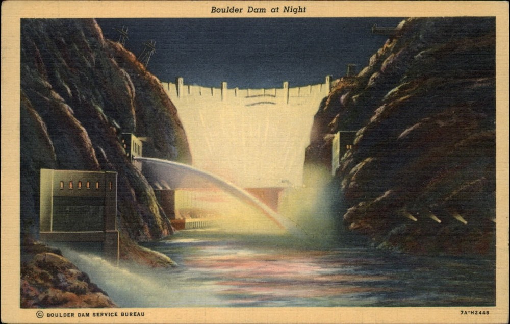 Boulder City Nevada Boulder Dam at night ~ 1946 linen postcard sku979