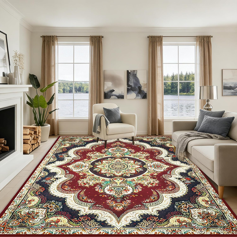 8X10Ft Washable Area Rug for Living Room, Vintage Boho Floral Medallion Rug, Non