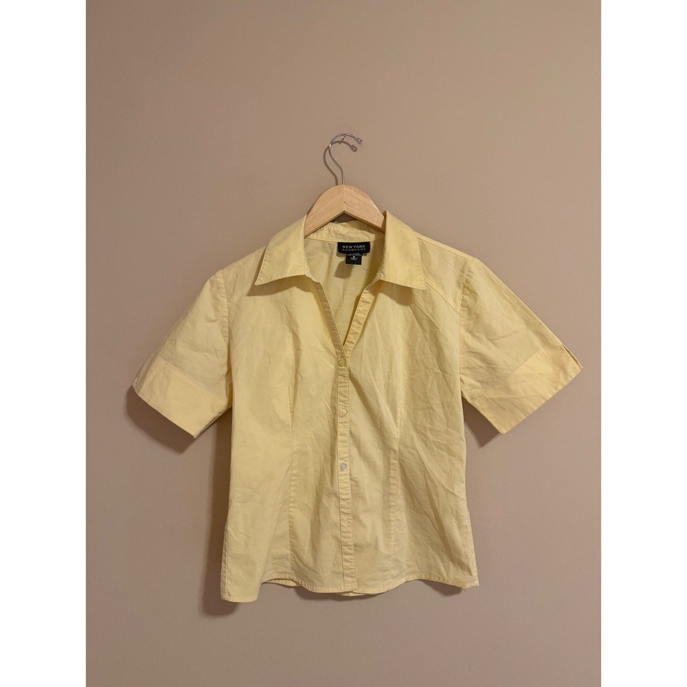 Yellow Short Sleeve Tailored Button Down Blouse Shirt Small
