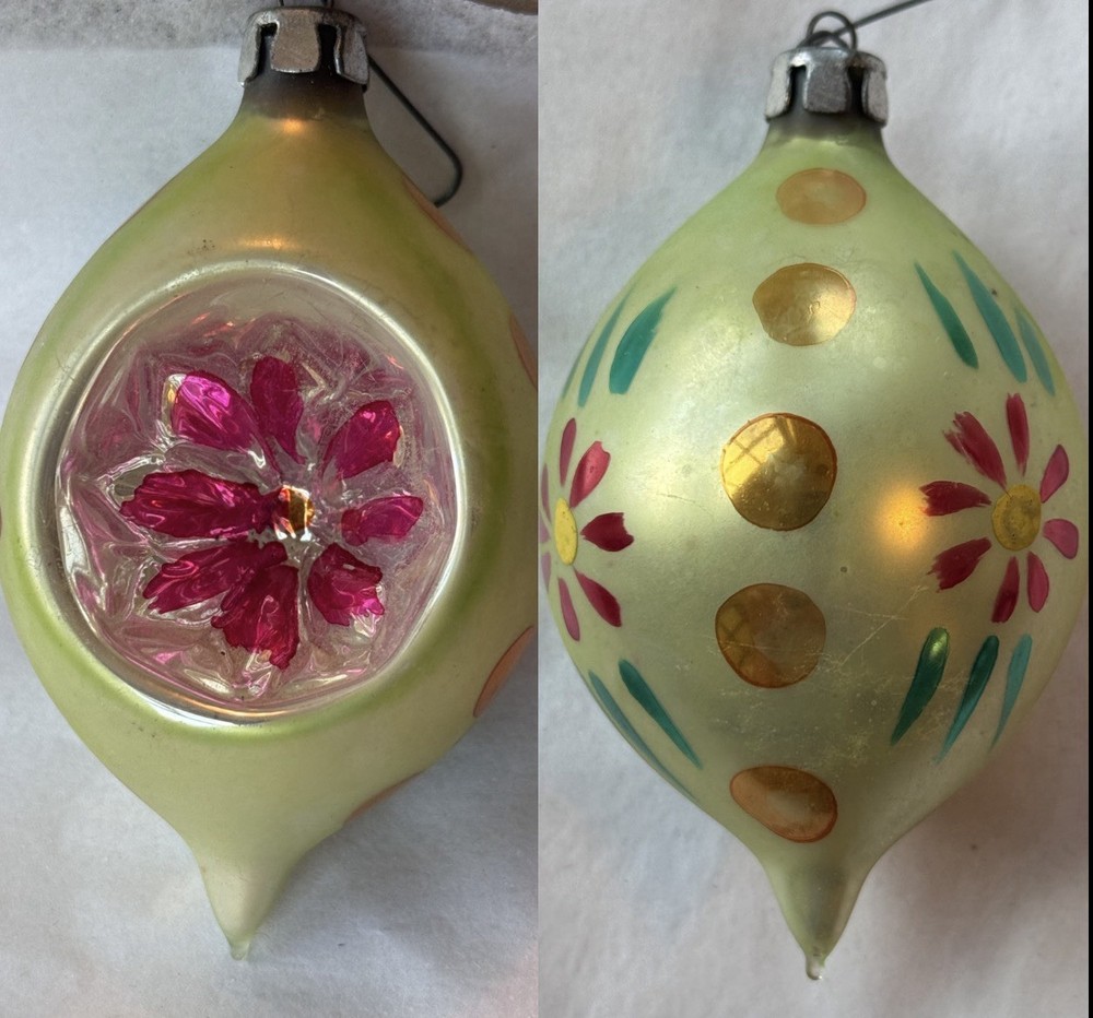 Vintage Poland Handpainted Mercury Glass Christmas Ornament Pink Teardrop MCM 4
