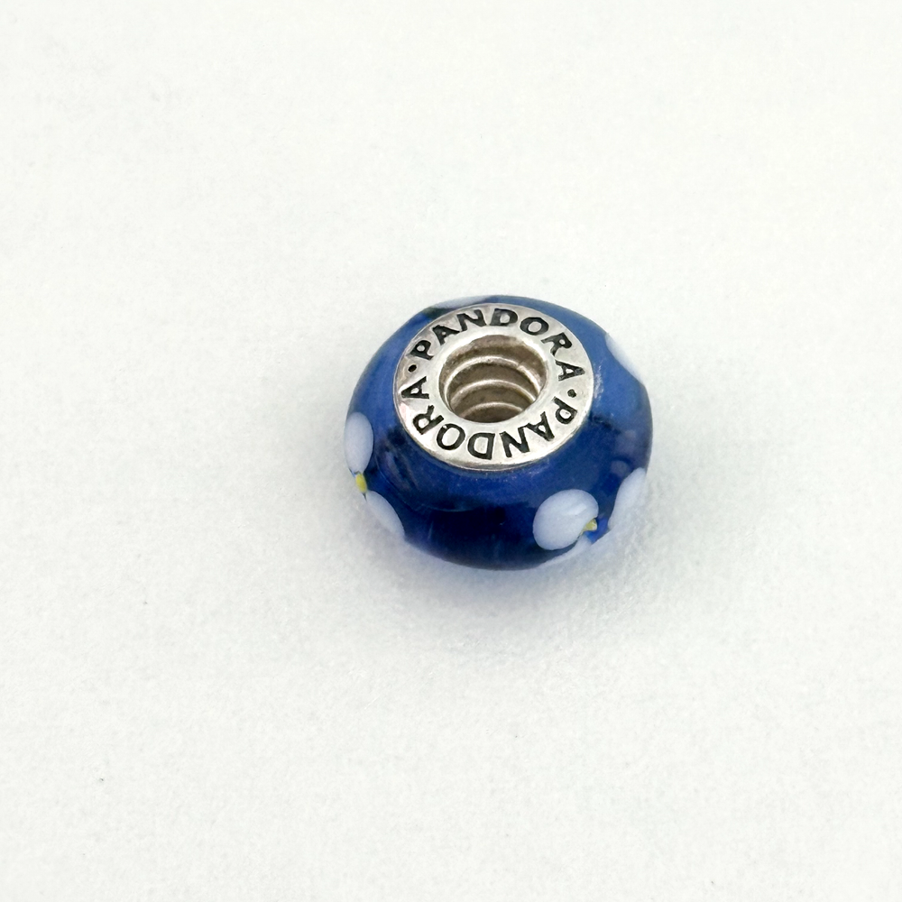 Pandora Floral Murano Glass Blue White Flowers Sterling Silver Charm