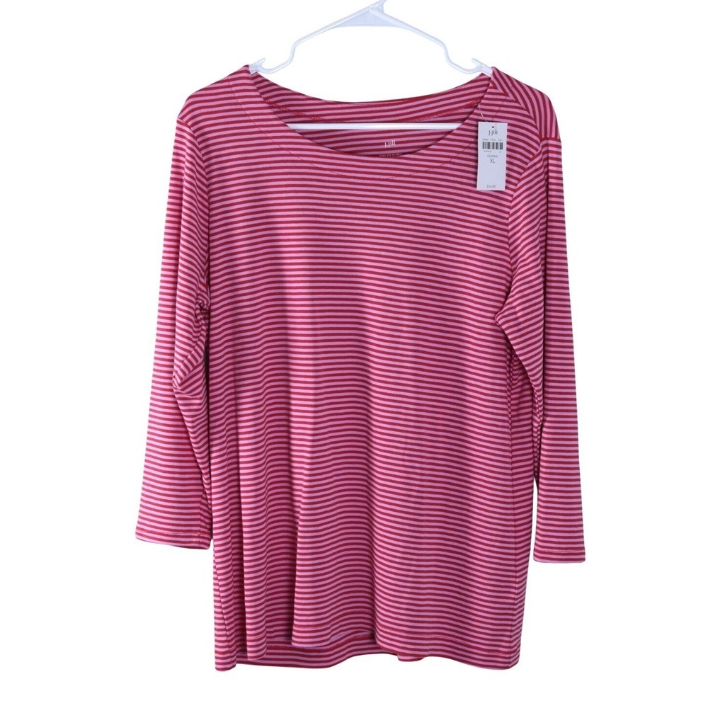 J. Jill Pima Cotton 3/4-Sleeve Scoop-Neck Tee Red Pink Striped XL NWTs
