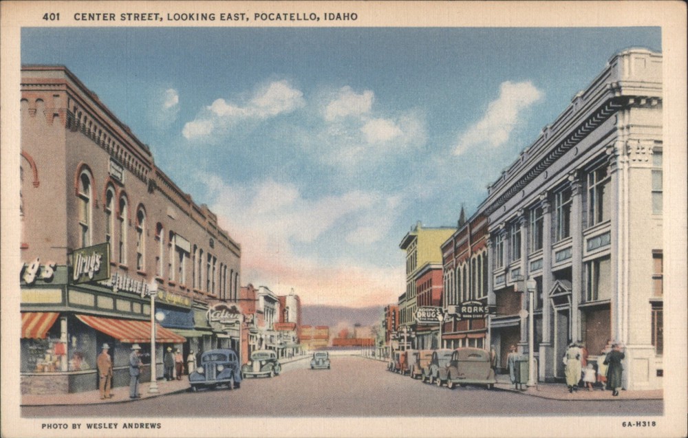 Wesley Andrews Pocatello, Idaho ID Center Street, Looking East Vintage Postcard